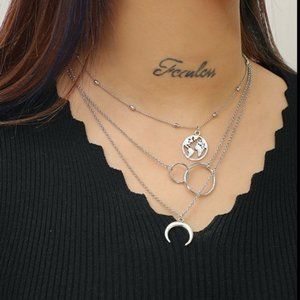 Fashion Bohemia World Map Crescent Moon Choker Multilayer Necklace For Women